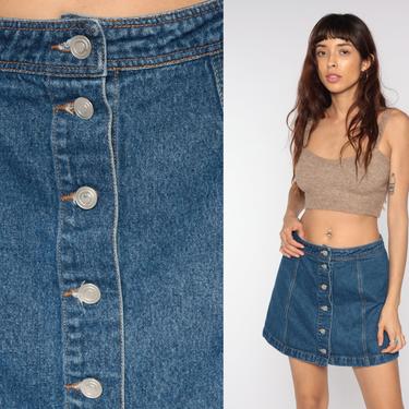 Denim Mini Skirt Jean Skirt Y2K Button Up Skirt 00s High Waisted Flared A Line Skirt Retro Vintage Blue Medium Large 