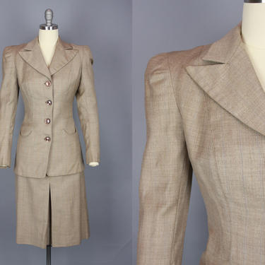 1940s Pinstripe Wool Suit | Vintage 40s Light Brown Skirt Suit with Peak Lapels and Welted U Pockets | xs 