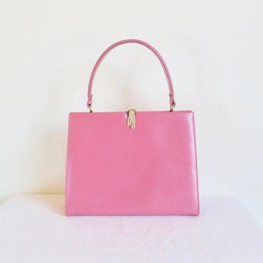 Vintage 1960's Pink Leather Structured Purse Top Handle Trapezoid Shape Gold Closure Hardware Mod Mid Century 60's Handbag Andrew Geller 