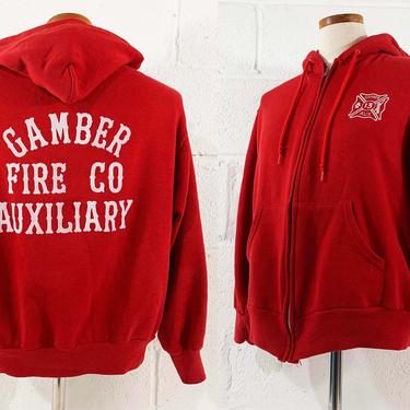 Vintage Hoodie Sweatshirt Firefighter Fire Fighter Jacket Bassett-Walker Zip Up Gamber Auxiliary 90s 1990s Hipster Red Coat 90s Large XL 