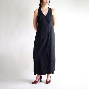 Black Sleeveless Dress, Vintage 90s Maxi Dress, Long Ankle Length Minimal Button Up Vest Dress, Simple Loose Oversized Spring Summer Dress 