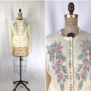Vintage 60s beaded Cardigan | Vintage ivory wool floral beaded Cardigan | 1960s ivory beaded jumper 