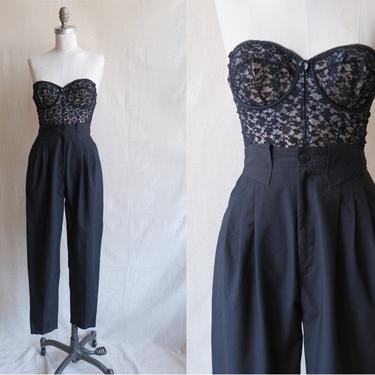 Vintage 80s High Waisted Black Trousers/ 1990s Pleated Front Straight Leg Pants/ Size 25 XS 