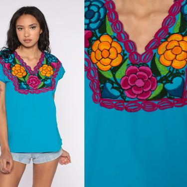 Mexican EMBROIDERED Blouse Turquoise Blue Floral Shirt Hippie Top Boho Shirt FESTIVAL Tunic Bohemian Vintage Retro Large 