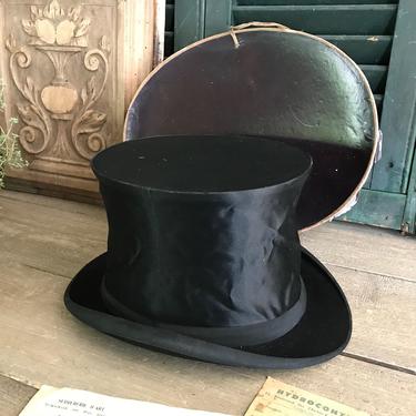 French Black Silk Top Hat, Original Box, Collapsible, Top Hat Display, Victorian, Edwardian Fashion 
