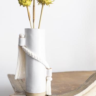 White Braid and Fringe Detail Stoneware Vase