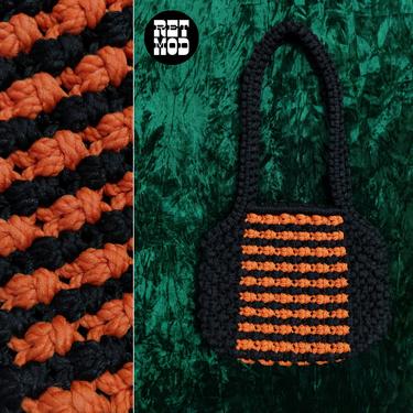 Unique Vintage 70s Black & Orange Chunky Macrame Handbag Purse 
