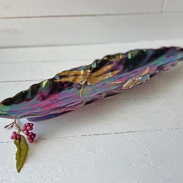 Vintage Purple Leaf Shaped, Dragonfly Oblong Catch All, Trinket Tray, Jewelry Dish, Desk Organizer // Dragonfly Lover, Collector, Gift 