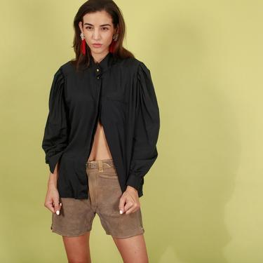 70s Black Oversize Gold Button Blouse Vintage Slouchy High Collar Top 