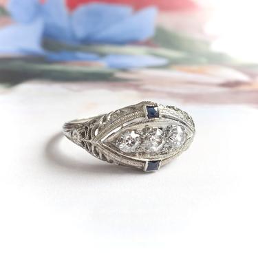 Art Deco 1930's .57 ct t.w. Old European Cut Diamond Sapphire Filigree Hand-Engraved Ring 18K White Gold 