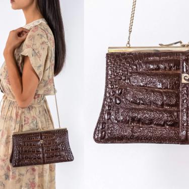 Vintage 1970s Pierre Cardin Structured Brown Crocodile Leather Shoulder Bag w/ Gold Clasp & Chain Strap | Gold Logo | 1970s Designer Purse 