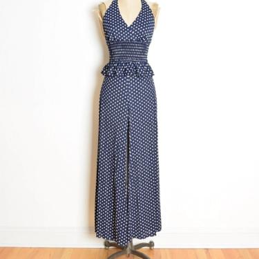 vintage 70s pants halter top outfit high waisted wide leg navy polka dot XS two piece jumpsuit clothing 