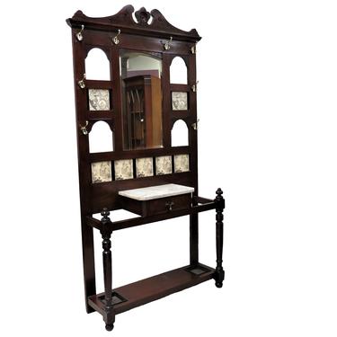 Antique Coat Rack | English Oak and Tile Hall Tree and Umbrella Stand With Beveled Mirror 