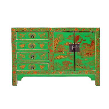 Distressed Green Golden Scenery Butterflies Drawers Storage Cabinet cs5405S