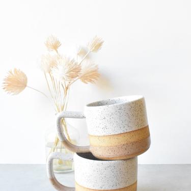 Short Speckled Stoneware White and Desert Pink Simple Color Block Handmade Ceramics Mug 