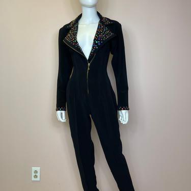 Vtg 1980s rhinestone collar black jumpsuit catsuit 