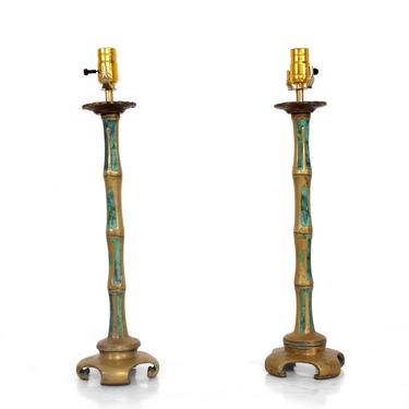 Swanky Bronze Faux Bamboo Turquoise Table Lamps by Pepe Mendoza 1950s - a Pair 