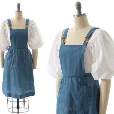 Vintage 1970s Pinafore Dress | 70s Blue Denim Look Buckled Bib Overalls Skirt with Pockets (small) 