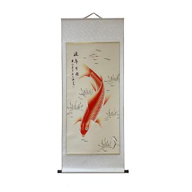 Chinese Fengshui Koi Fish Color Ink Scroll Painting Quality Wall Art ws1887E 