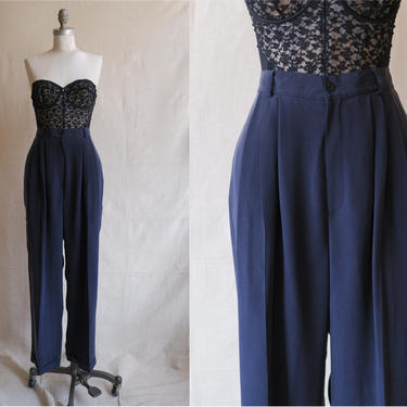 Vintage 90s Navy Silk Trousers/ 1990s High Waisted Matte Silk Pants/ Size 29 