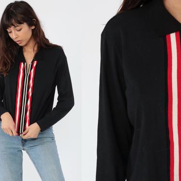 Black Striped Shirt 90s Zip Up Top Long Sleeve Blouse Red White 00s Y2K Shirt Retro T Shirt Vintage 1990s Medium 