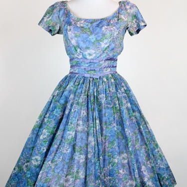 Vintage 1950s Gigi Young Rockabilly Circle Dress Novelty Print, Blue Green Multi Color Flowers, Huge Full Skirt Short Sleeves, S M 26&amp;quot; waist 