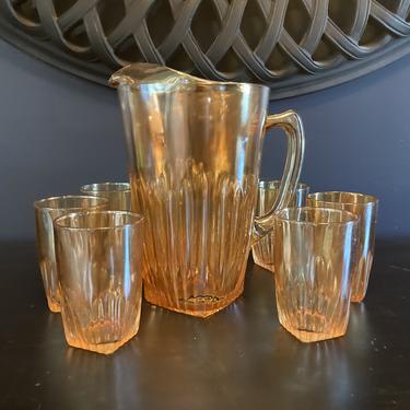 Carnival Glass Pitcher and 6/Glass Set