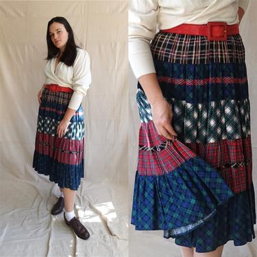 Vintage 80s Mixed Plaid Tiered Skirt/ 1980s Tartan Plaid Midi Skirt/ Size Large XL 