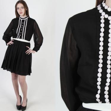 Vintage 50s Tuxedo Mod Dress White Polka Dot Thin Black Pleated Evening Party Mini Dress 