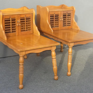 Pair Vintage French Country Cottage Style Solid Maple End Tables w Storage Space 