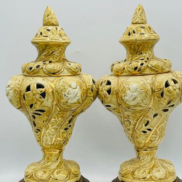 VIntage pair of Capodimonte style Reticulated Lamps 