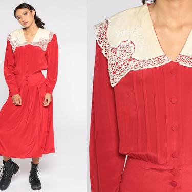 Lace Collar Dress 80s Red Midi Dress Pleated Secretary 1980s Button Up Vintage Slouchy Long Sleeve Blouson Shirtwaist Small 4 