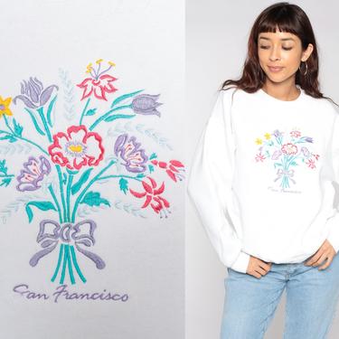 San Francisco Sweatshirt 80s Floral Embroidered Sweatshirt White Shirt California Pullover 1980s Graphic Vintage 90s Crazy Shirts Large L 