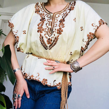 1960s 70s Mexican Bohemian embroidered caftan sleeves blouse hippy boho vintage 