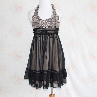 Vintage 90s Y2K Party Dress, 1990s Black Halter Dress, Mini Dress, Sheer Chiffon, Ruffles, Rosettes, Prom Dress, Goth, Lolita 