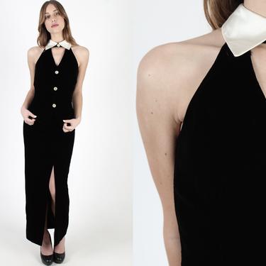 Vintage 80s Jessica McClintock Dress Long Black Velvet Ivory Collar Dress Satin Tuxedo Style Sexy Cocktail Maxi Dress 