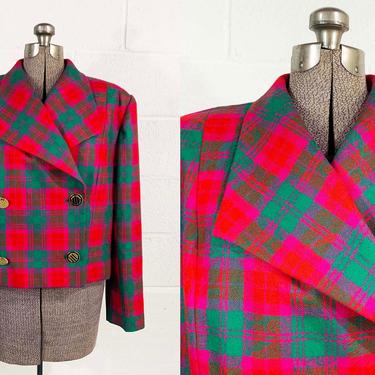 Vintage Blazer Boxy Cropped Jacket Bright Pink Green Plaid Long Sleeve Coat Designer Gold Buttons Suit Colorful 1990s 90s Medium Large 