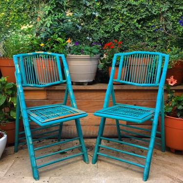 2 folding turquoise bamboo chairs