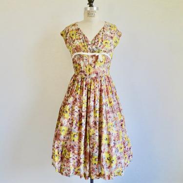 Vintage 1950's Chartreuse Brown Floral Rayon Fit and Flare Dress Full Skirt Rockabilly Swing 28.5&amp;quot; Waist Small 