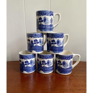 Set of 6- Vintage Blue and White Blue Willow Style Mugs, Made in Japan 