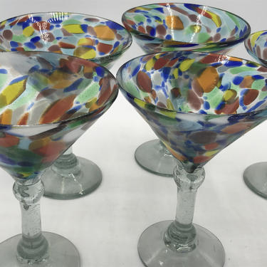 Set of six (6)  assorted Handmade Blown Mexican Margarita Glass Confetti Multi Colored- Chip Free 