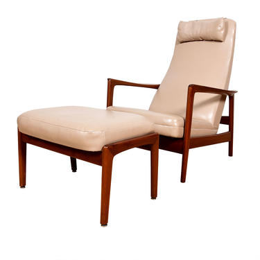 Reclining Swedish Modern Teak Lounge Chair + Adjustable Ottoman