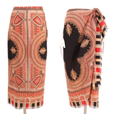 90s EMANUEL UNGARO wool challis sarong skirt sz 14 / vintage 1990s designer paisley Victorian scarf print wrap skirt sz L 