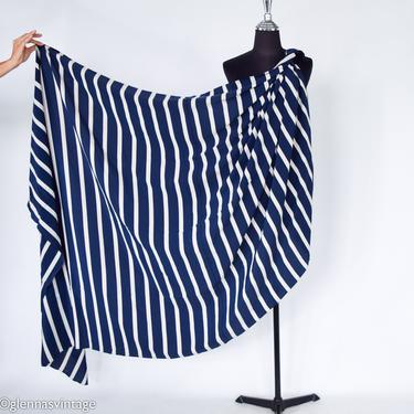 1980s Navy Stripe Rayon Scarf | 80s Beige & Navy Striped Wrap | Tablecloth 