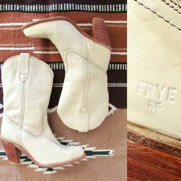 FRYE Vintage 80s Boots | 1980s Cream Color Mid Calf Stacked High Heel Leather Boots | 70s 1970s Boho Hippie Western Cowgirl, Cowgirl | Sz 8 