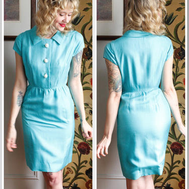 Late 1950s Dress // Turquoise Silk Sheath Dress // vintage late 50s/early60s dress 