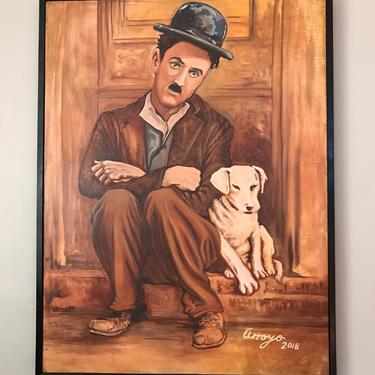 Charles Chaplin and the dog on acrylic on canvas by Carlos Arroyave 
