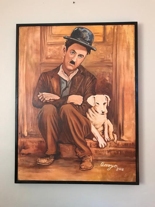 Charles Chaplin and the dog on acrylic on canvas by Carlos Arroyave 