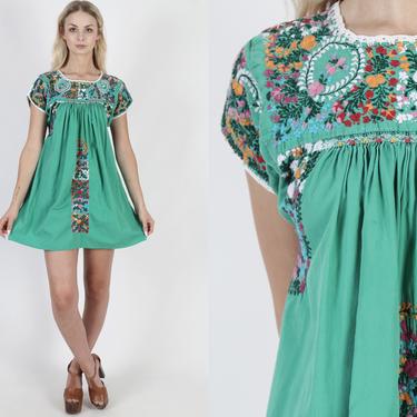 Oaxacan Dress Green Mexican Wedding Dress Cotton Ethnic Dress Vintage 70s Floral Fiesta Embroidered Festival Party Mini Dress 