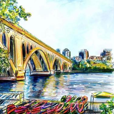 Colorful Key Bridge Original Art Washington DC by Cris Clapp Logan 